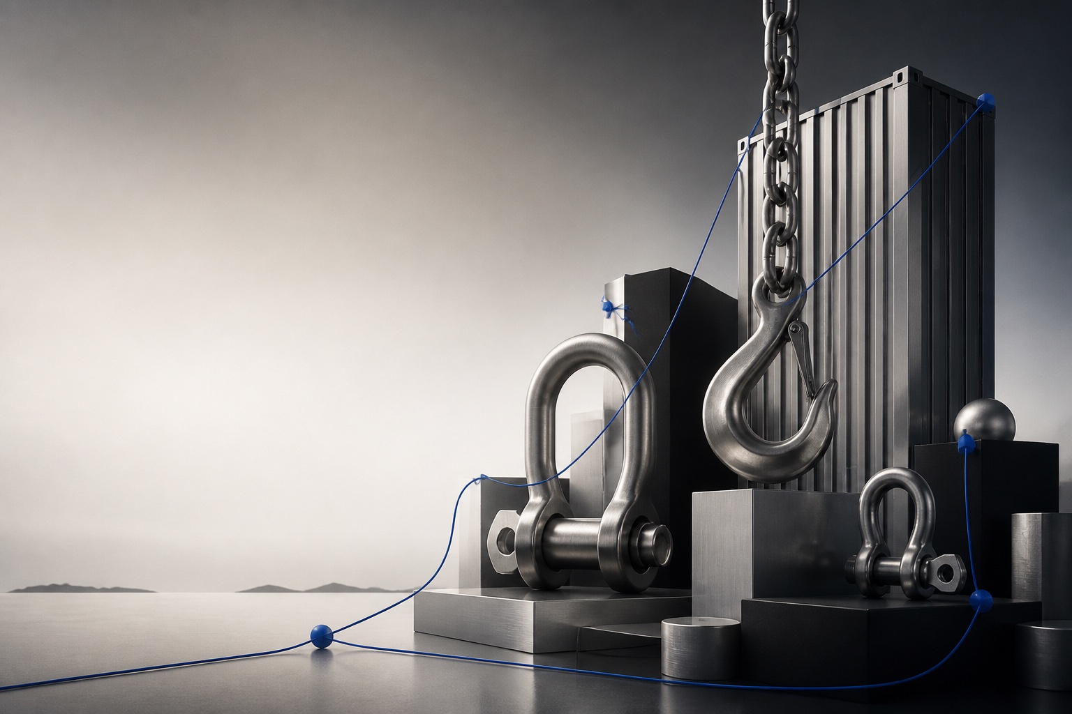 Conceptual composition of engineered lifting hardware, container geometry, and a global trade route