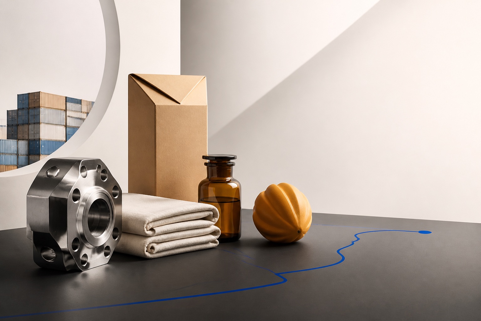 Conceptual multi-sector sourcing composition with engineered metal, textile, packaging, ingredients, and export geometry
